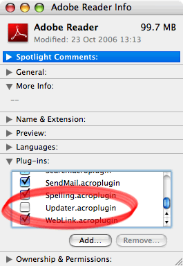 Another screenshot of the get info box of Acrobat with the updater.acroplugin circled